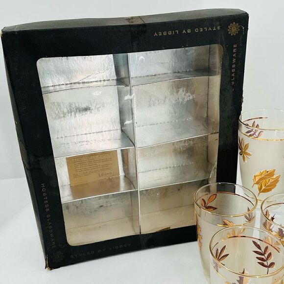 7 Vintage 60s Libbey Frosted Gold Autumn Leaves High Ball Water Glasses NIB MCM - Picture 13 of 14